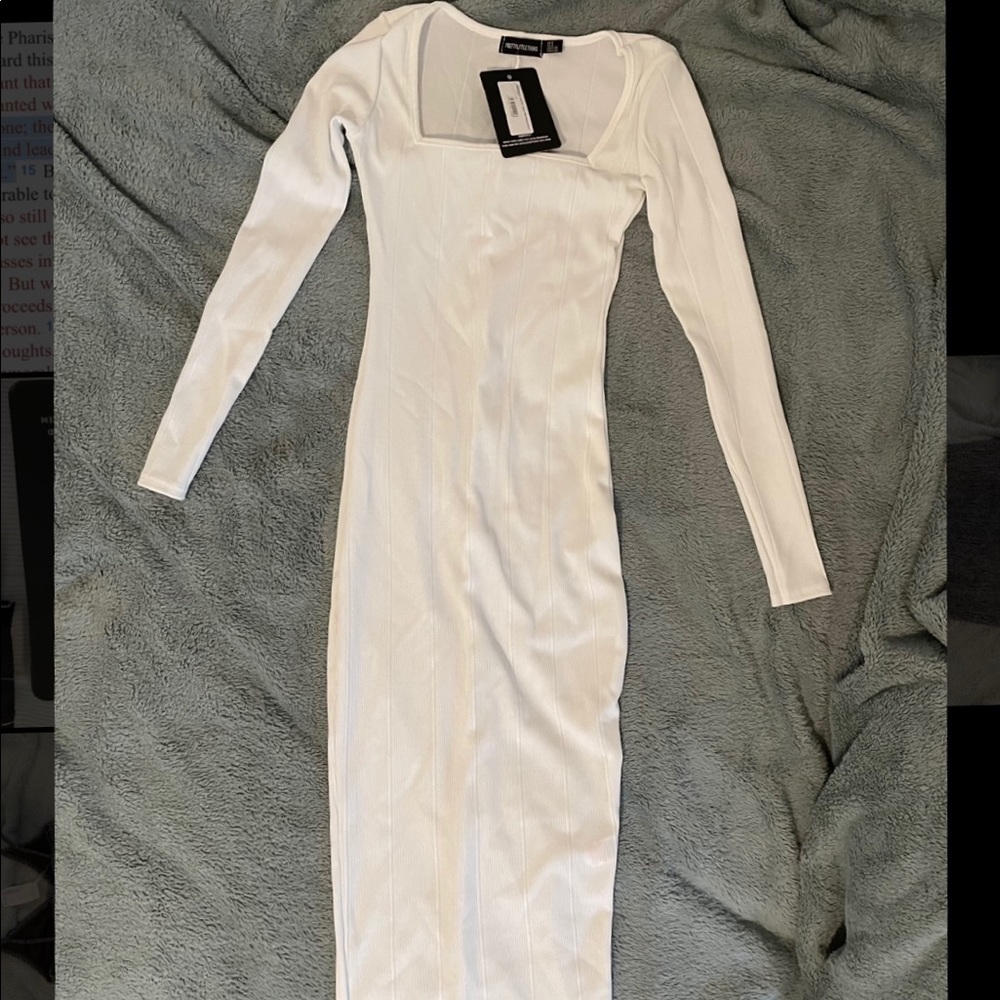 White Bandage Long Sleeve Square Neck Midaxi Dress